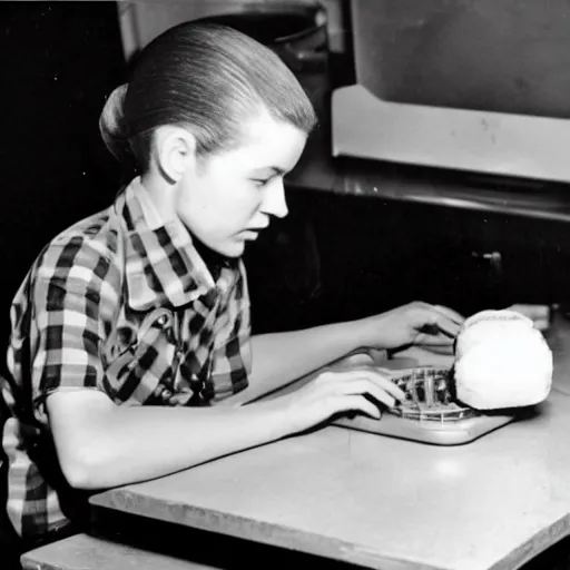 Image similar to an early 1950s photo of someone sitting at a computer making a donut in blender3d