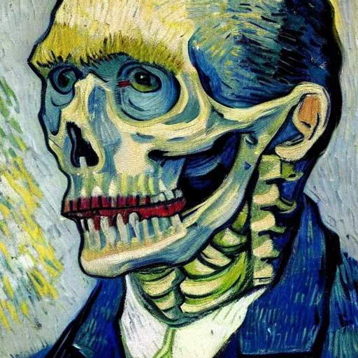 Image similar to detailed expressionist oil painting portrait by van gogh of a skeleton in a suit, a tall formal skeleton in suit and tie, expressionist portrait, color scheme of greys and whites, 8 k resolution, smooth, sharp focus
