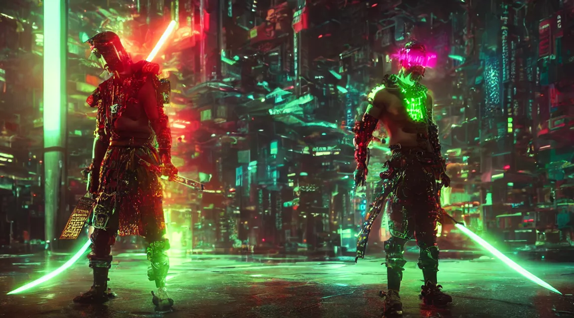 Image similar to cyberpunk samurai, wearing fluorescent clothing, glowing katana, rain, octane render, unreal engine