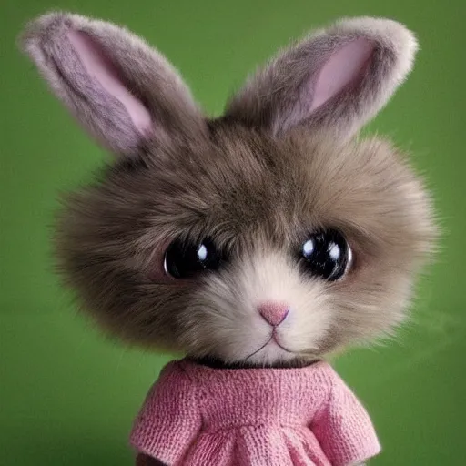 Image similar to little anthropomorphic bunny, green eyes, light brown fur, grey hair, wlop