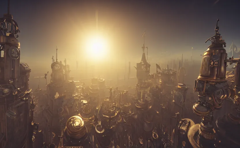 Prompt: Steampunk City above the clouds, daylight. sunlight. light fixtures. 8K. detailed. photorealism. artstation. 25mm f/1.7 ASPH Lens. ultra realistic