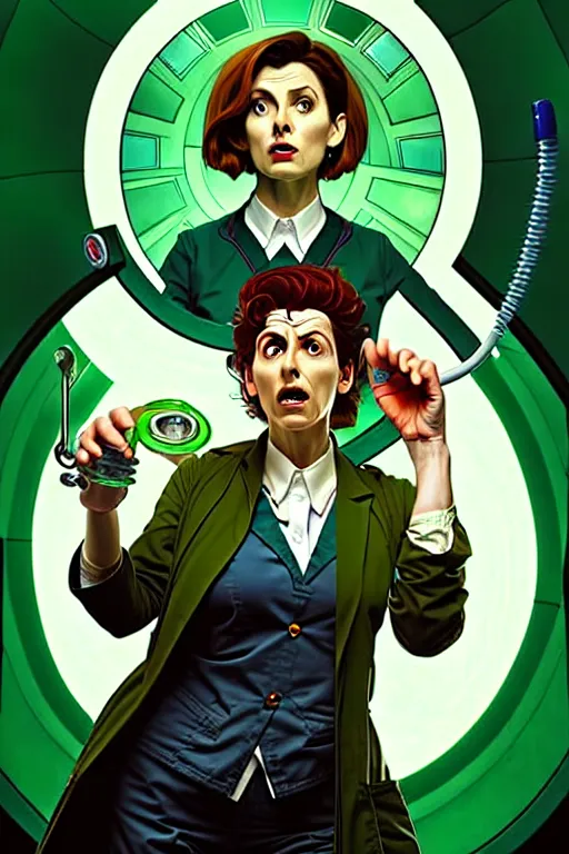 Image similar to doctor who, woman, as a mad dentist, on a plain green background, art by artgerm and greg rutkowski and alphonse mucha