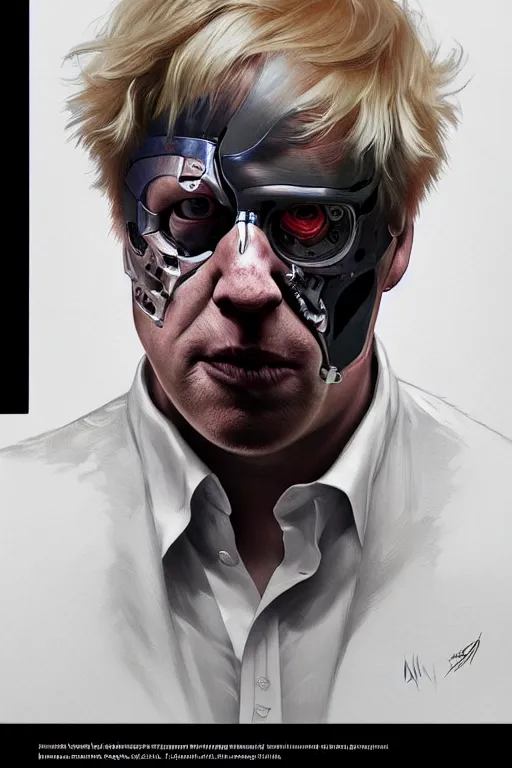 Prompt: Boris Johnson as Terminator, Boris Johnson hairstyle, full body realistic portrait, highly detailed, digital painting, artstation, concept art, smooth, sharp focus, illustration, cinematic lighting, art by artgerm and greg rutkowski and alphonse mucha