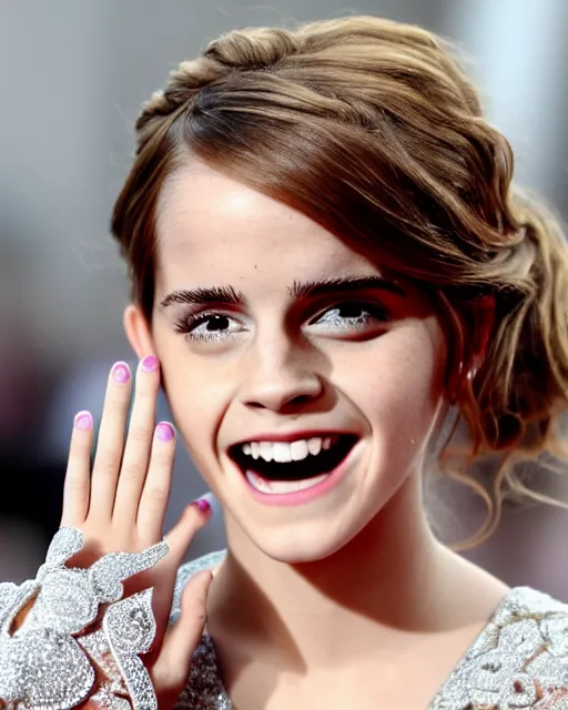 Image similar to A photo of laugh emma watson. she has wedding ring on his fingers. 50 mm. perfect ring. award winning photography