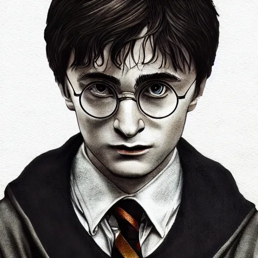 Prompt: a close up portrait of harry potter as a young man, art station, highly detailed, focused gaze, concept art, sharp focus, illustration in pen and ink, wide angle, by Kentaro Miura