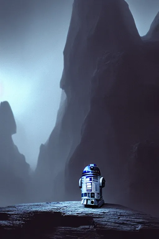 Prompt: r 2 d 2 at the front of a cave, smoke, apocalyptic moody style by rob zombie by arthur haas and bruce pennington and john schoenherr, cinematic matte painting, zaha hadid building, photo realism, dark moody color palate, blue hour stars, desolate glacial landscape,