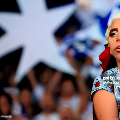 Image similar to Lady Gaga as president, Argentina presidential rally, Argentine flags behind, bokeh, giving a speech, detailed face, Argentina