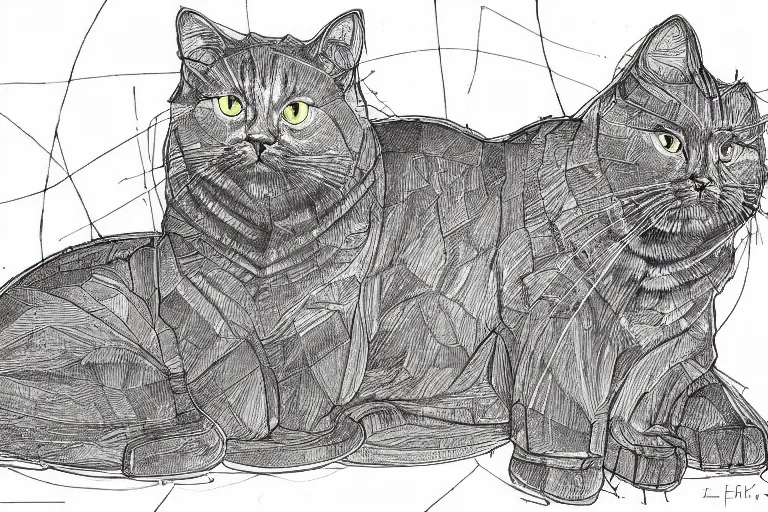 Image similar to gigachad cat, highly detailed sketch, line art, by frank lloyd wright