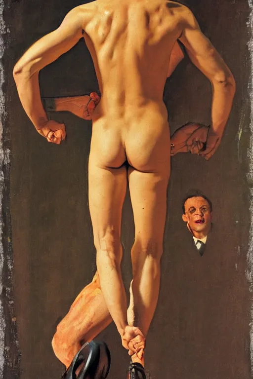 Image similar to body portrait of young Emmanuel Macron posing as a wrestler, colour painting by norman rockwell, guidi prime background by carl spitzweg