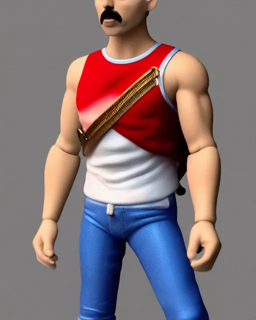 Image similar to full body 3 d render of freddie mercury, white sleeveless tank top blue jeans as a funko pop!, four, studio lighting, white background, single body, no shadow, blender, trending on artstation, 8 k, highly detailed