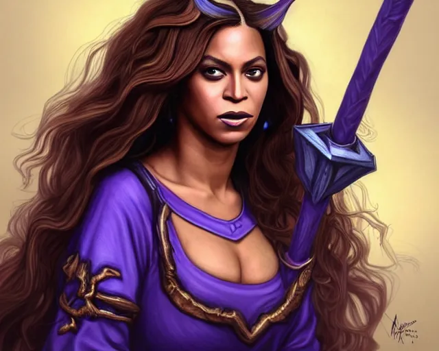 Image similar to beyonce as a wizard, purple streaks in hair, bat hovering on her shoulder, blue clothing, holding a staff, deep focus, d & d, fantasy, intricate, elegant, highly detailed, digital painting, artstation, concept art, matte, sharp, illustration, hearthstone, art by artgerm and greg rutkowski and alphonse mucha