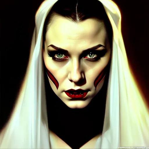 Image similar to close up face of a extremely beautiful bond female vampire portrait, Masterpiece, oil on canvas, artgerm, norman rockwell, craig mulins, trending on pxiv,