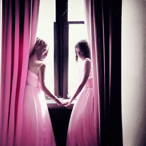 Prompt: over the shoulder photography of two female models behind white curtains in old victorian room, dramatic light, cinestill, flying black marble balls, filmstill, bokeh, long exposure, god rays, magic hour, pink light, warm colors