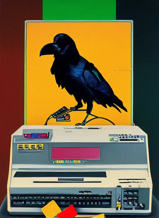 Prompt: a raven digging through 8 0 s era technology, vintage shapes, retro technology, happy color, wayne barlow, oil on canvas, deep depth field, masterpiece, cinematic composition, hyperdetailed