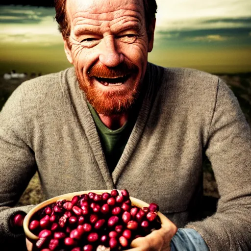 Image similar to closeup portrait of happy bryan cranston with open mouth filled with cranberies, eating cranberries, food photography, natural light, sharp, detailed face, magazine, press, photo, steve mccurry, david lazar, canon, nikon, focus