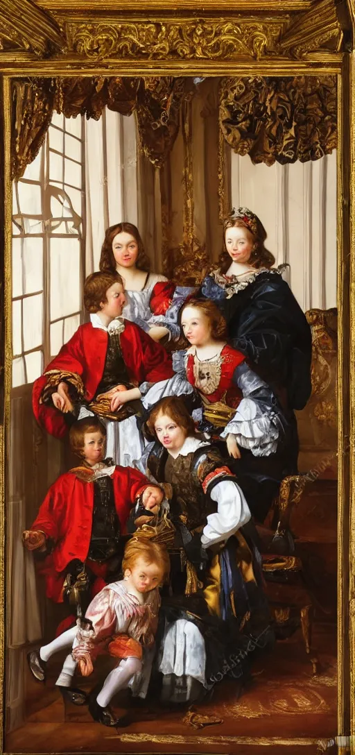 Image similar to oil paint in canvas of family portrait in the main room of the castle, dark room, one point of light trough a big window. baroque style 1 6 5 0, high details on clothes, realistic faces and expressions, space between subjects inspired by diego velasquez