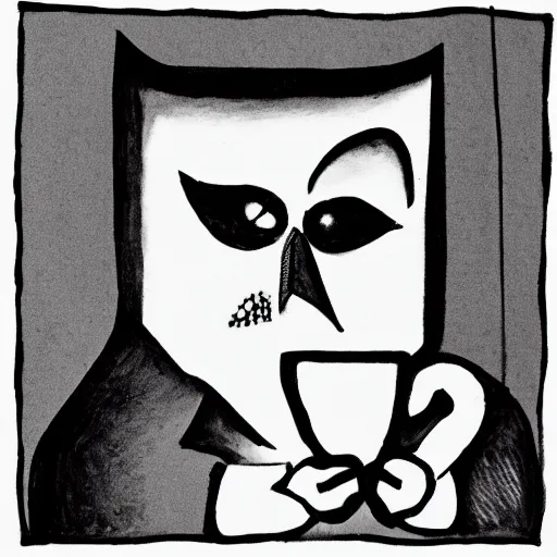 Image similar to black and white ink drawing of a man with an owl head holding a mug of coffee