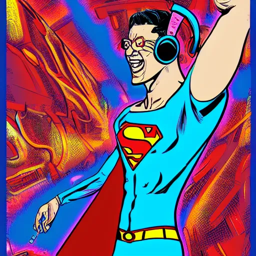 Image similar to artgerm, psychedelic laughing cybertronic superman, rocking out, headphones dj rave, digital artwork, r. crumb, svg vector