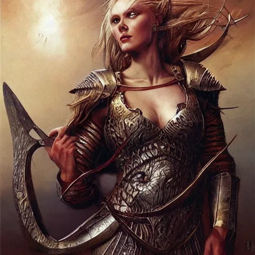 Image similar to viking woman, blonde, tall, warriot, d & d, concept art, science fiction, style of karol bak