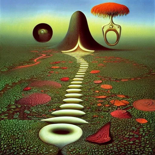 Image similar to the path less taken by jacek yerka, roger dean and salvadore dali w - 7 6 8