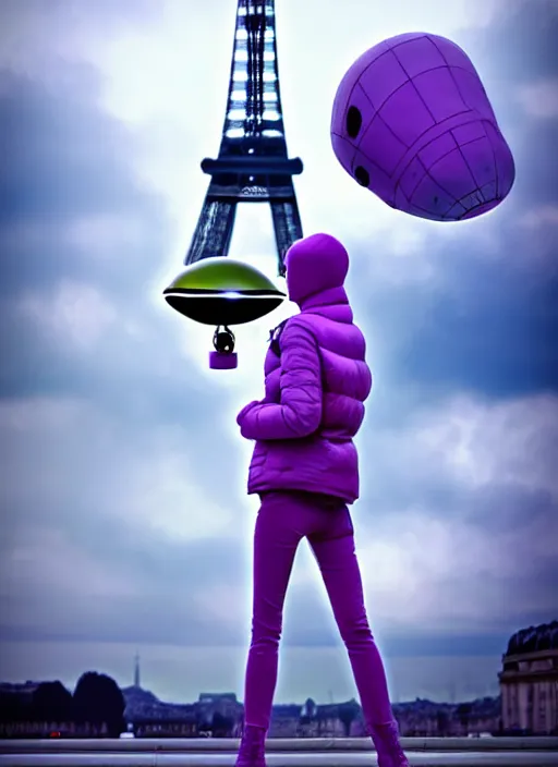 Image similar to purple alien wearing white puffer jacket, in paris, they hold a model ufo, anime frame, beautiful composition,