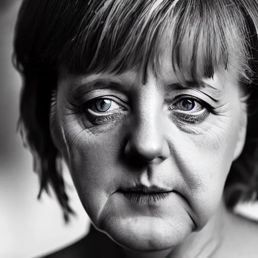 Image similar to Angela Merkel, grungy, unkept hair, glowing eyes, modelsociety, radiant skin, huge anime eyes, RTX on, perfect face, directed gaze, intricate, Sony a7R IV, symmetric balance, polarizing filter, Photolab, Lightroom, 4K, Dolby Vision, Photography Award