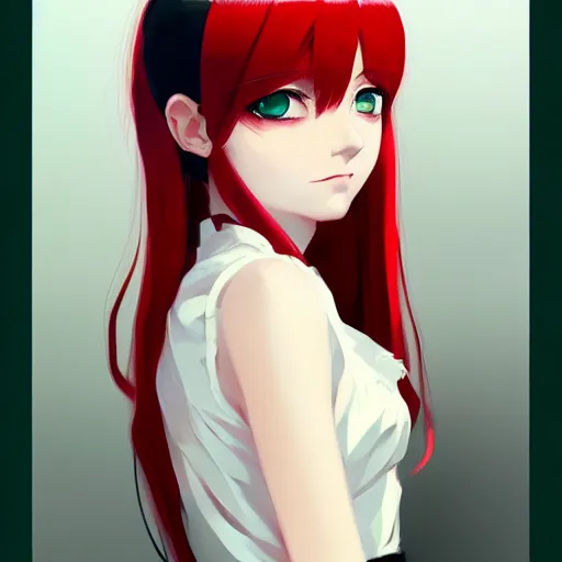 Image similar to elegent girl with red hair and green eyes, wearing a white dress, red and black color palette, in the style of and ilya kuvshinov and greg rutkowski, high quality anime artstyle, intricate