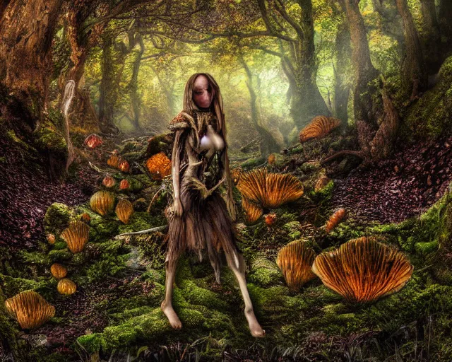 Prompt: fae queen walks through fungal landscape, weta hdr