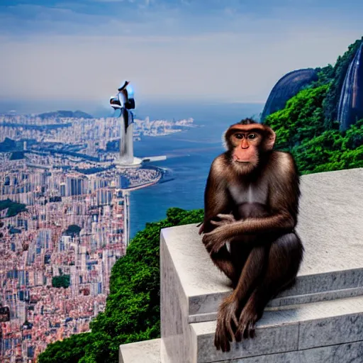 Image similar to high quality portrait of a monkey in front of Christ The Redeemer, studio photograph, photograph, realistic photo, 8k photo, 4k photo, stock photo, high resolution, cinematic shot, high detail