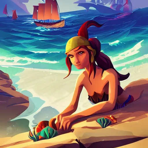 Image similar to painting mermaid treasure on sea of thieves game avatar hero smooth face median photoshop filter cutout vector, behance hd by jesper ejsing, by rhads, makoto shinkai and lois van baarle, ilya kuvshinov, rossdraws global illumination