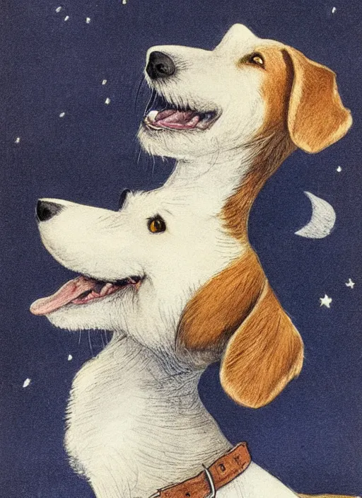 Image similar to portrait of jack russel dog looking up and howling with mouth open sad, night sky, highly detailed, side view, illustrated by peggy fortnum and beatrix potter and sir john tenniel