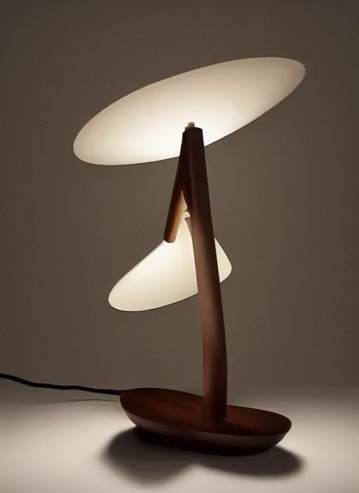 Prompt: A table lamp with a heavy base, and a fabric lampshade designed by Petros Afshar