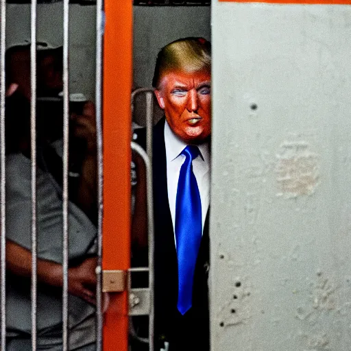 Prompt: photographic still of donald trump in jail, orange prisonner gear, medium shot, photorealistic, ultradetailed, filthy and humid prison, natural light, by terry richardson