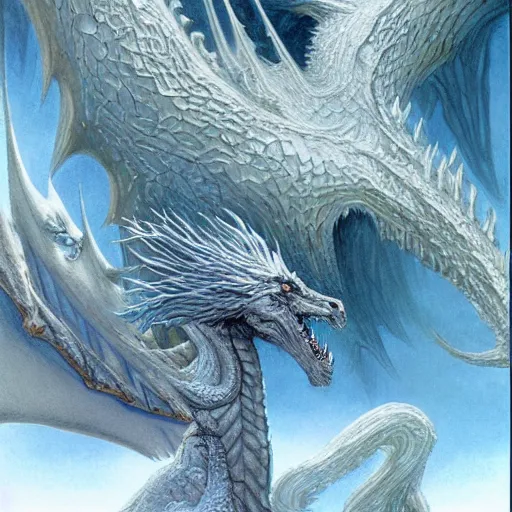 Image similar to a white dragon breathing frost, dungeons and dragons, digital art, by John Howe and Alan Lee and Larry Elmore