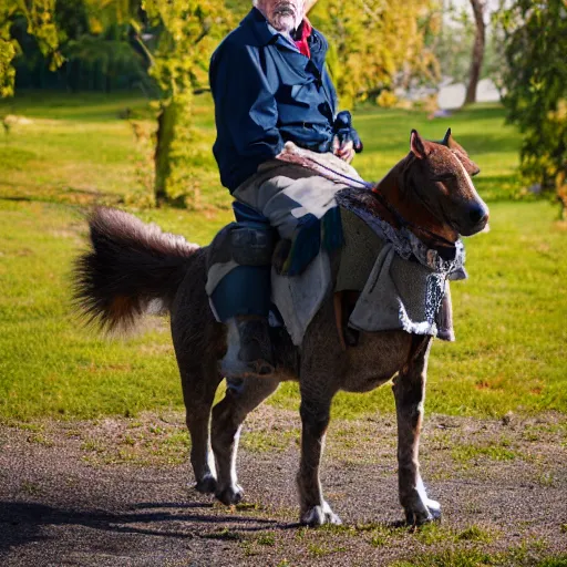 Prompt: portrait of an elderly man riding a cat, canon eos r 3, f / 1. 4, iso 2 0 0, 1 / 1 6 0 s, 8 k, raw, unedited, symmetrical balance, wide angle