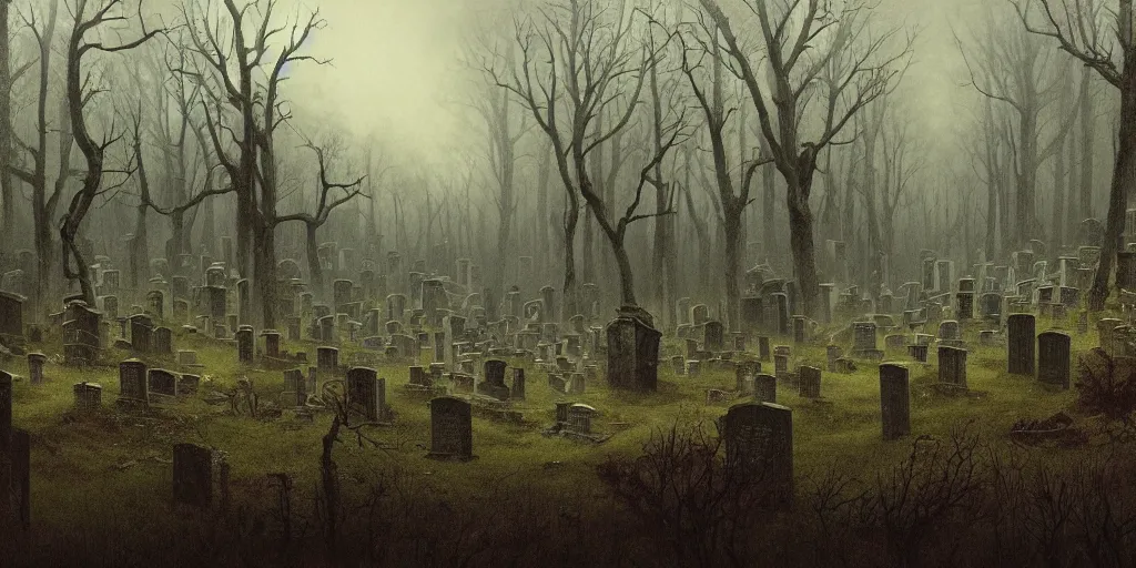 Prompt: Beautiful hyperrealistic detailed matte painting of a Landscape of cemetery tombstones in a majestically ugly and terrible world on the lost Vibes and a dense dark forest of high trees in the background, death rises in the air, cold, by Zdzisław Beksiński and Artem Demura, andreas rocha and john howe, and Martin Johnson Heade, featured on artstation, featured on behance, golden ratio, ultrawide angle, f32, well composed, cohesive.69:1