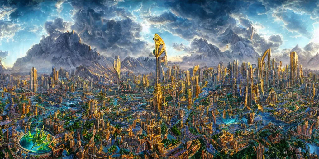 Image similar to balanced fantasy masterpiece, bird's eye vista view, high - tech atlantean civilization, mayan, chrome, gold, amethyst, highrise city, extremely detailed, distant mountains, bright clouds, luminous sky, bright cinematic lighting, michael cheval, michael whelan, airbrush digital oil painting, vray, 8 k hd