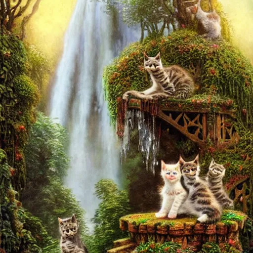 Image similar to two kittens in the enchanted forest stand on the steps and watch the waterfall, fantasy, intricate, extremely detailed, matte, featured in artstation, art by louis wain, greg rutkowski