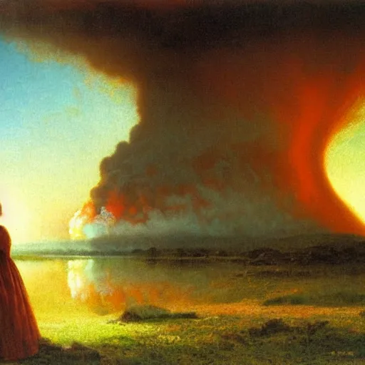 Prompt: beautiful young woman looking at giant nuclear explosion, artwork by Bierstadt, Albert