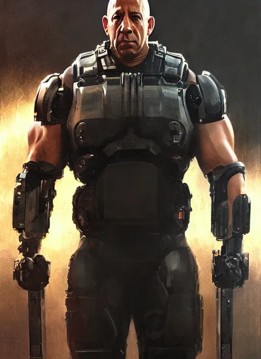 Image similar to vin diesel as victor stone, full body concept, cyborg, borg, strogg, face of a man, terminator, flesh, quake strogg, doom demon, wolfenstein, monstrous, powerful, symmetry, symmetrical, concept art by ruan jia and greg rutkowski