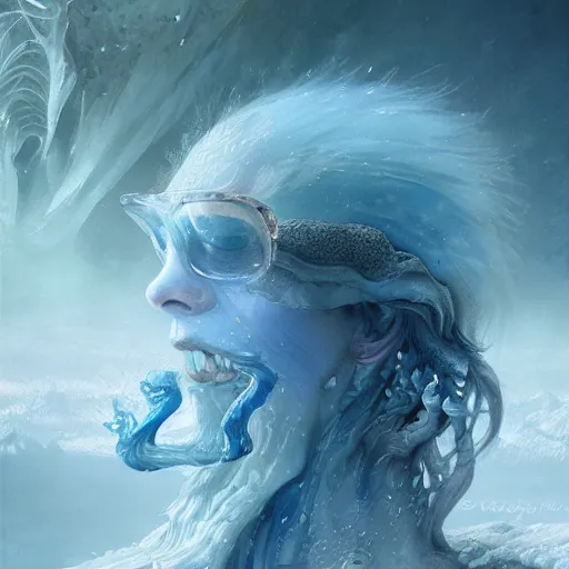 Prompt: a hyperrealistic illustration of a monster in the Arctic, snow on the monsters body, blue transparent ice with fractal sunlight, award-winning, masterpiece, in the style of Tom Bagshaw, Cedric Peyravernay, Peter Mohrbacher