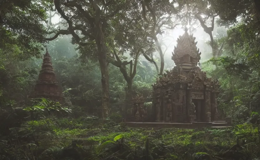 Image similar to a huge magical temple in the middle of a jungle, epic lighting