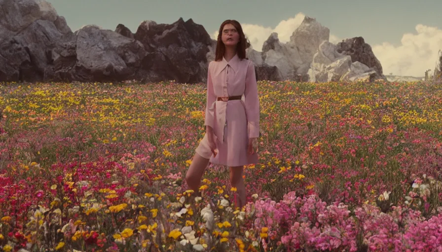 Prompt: , movie still by wes anderson of a beautiful girl wearing gucci exploring a magical field of flowers, glowing temple in the distance, cinestill 8 0 0 t eastmancolor technicolor, high quality, very detailed, heavy grain, fine facial features, 8 k, octane render