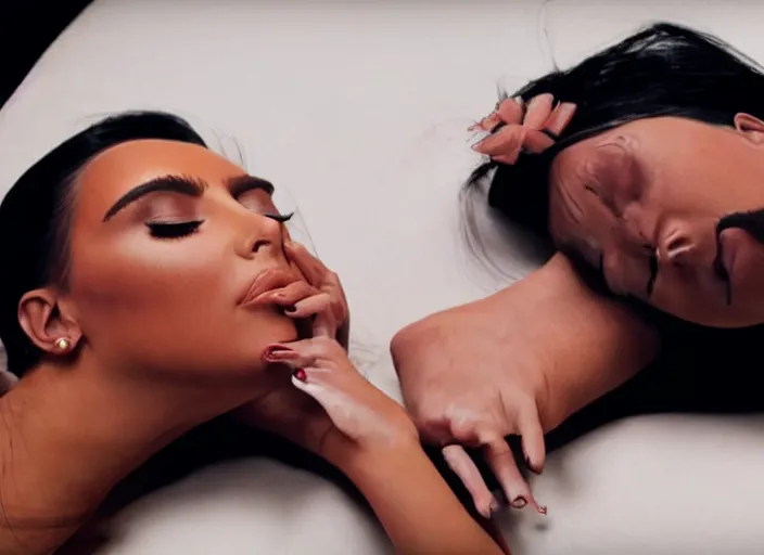 Image similar to photo still full pov of a kim kardashian slumped against a wall unconscious with a alien facehugger on her face, cinematic full shot.