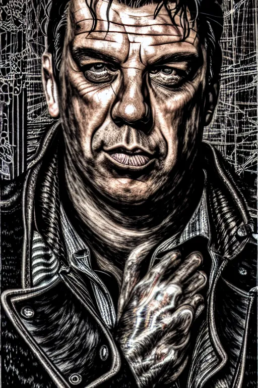 Prompt: till lindemann, detailed acrylic, grunge, intricate complexity, by dan mumford and by alberto giacometti, peter lindbergh