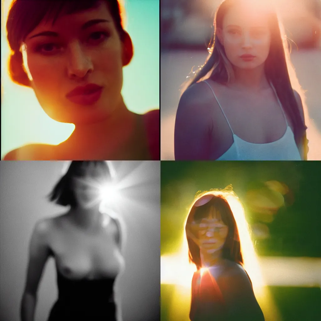 Prompt: a hyper realistic portrait photography of a woman. 35mm film. cinematic. warm light. lens flare. detailed. high quality.