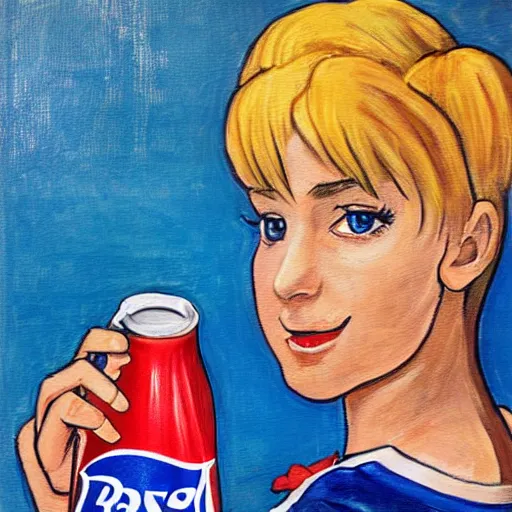 Image similar to painting of the pepsi logo personified as a soda themed girl in the style of ken sugimori