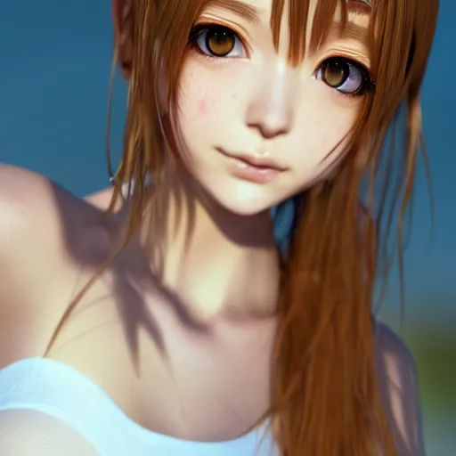 Image similar to nymph render of a very beautiful 3d anime girl, long hair, hazel eyes, cute freckles, full round face, short smile, cute white t-shirt, golden hour, serene beach setting, medium shot, mid-shot, highly detailed, trending on Artstation, Unreal Engine 4k