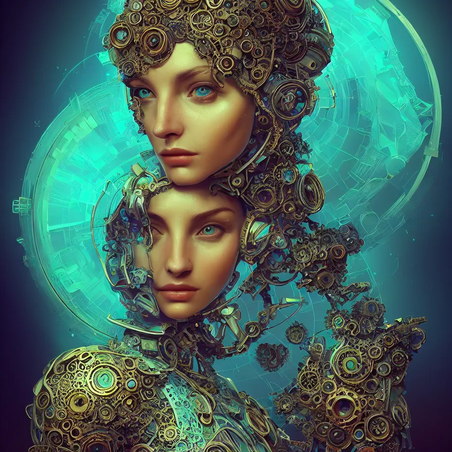 Image similar to beautiful symmetrical face portrait android woman time machine axonometric mechanical fantasy intricate elegant highly detailed in volumetric void of latent space lush flowers intricate jewellery, realm of the gods golden turquoise steampunk, axonometric high contrast cinematic light, mystical shadows, digital painting, sharp focus, octane render, photographic, concept art, artist leonardo davinci, unreal engine 8 k