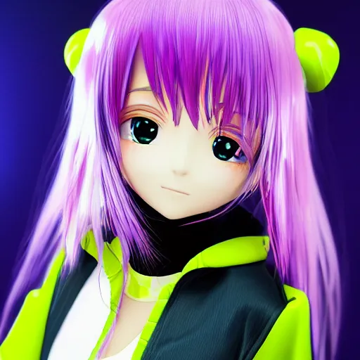 Image similar to portrait of a anime and chibi very cute girl with purple jacket design by antonio mello, xkung work, kawaii, genshin, cyberpunk fashion, character modeling, toy design, substance 3 d painter, blender, mental ray, zbrush, soft vinyl, bio luminescent, maximalist sculpted design portrait, studio photo, 7 0 mm lens, trending in artstation